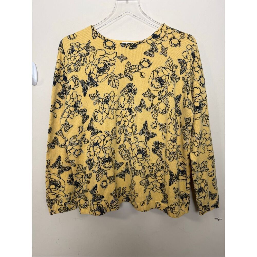 J.Jill Yellow Floral Butterfly Sweater Women’s Large Cotton Blend Cottagecore Ga